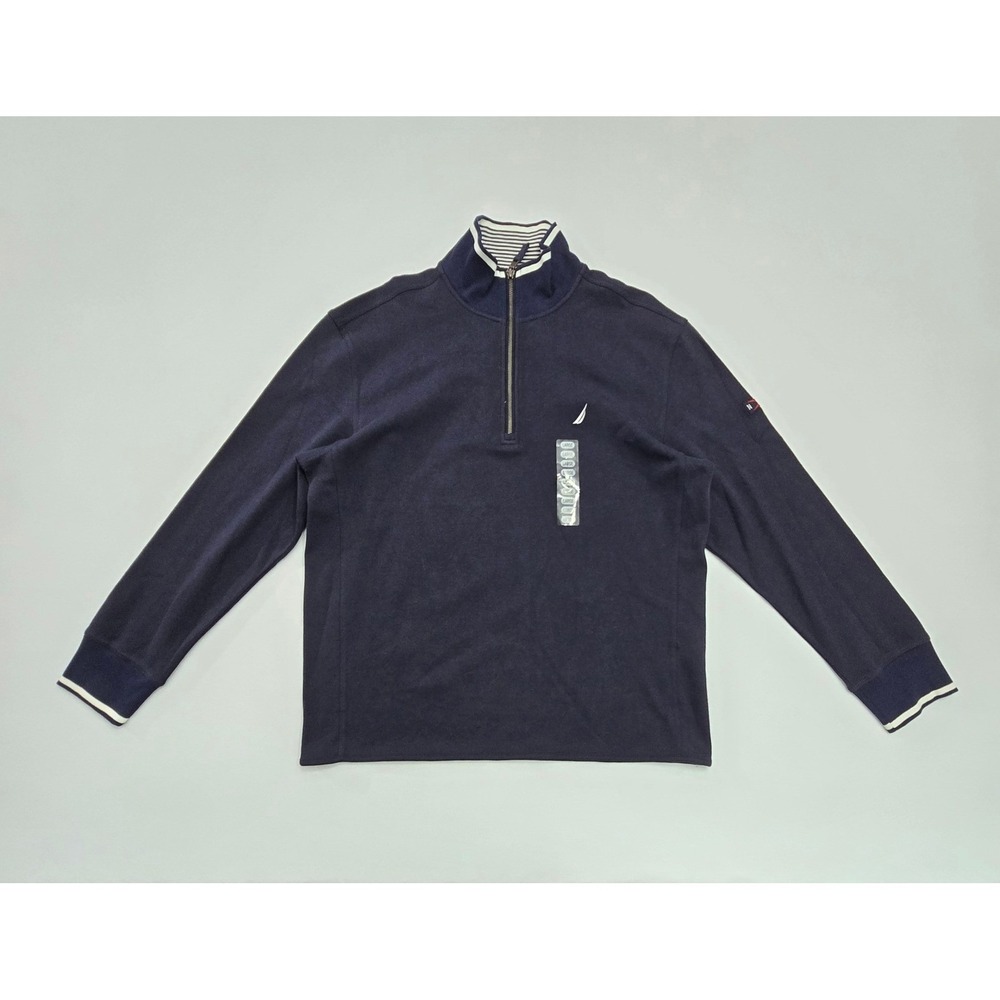 Nautica Mens Navy Blue Quarter Zip Pullover Cotton Sweater Striped Trim KC2142 L